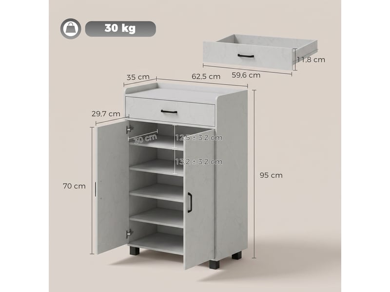  Meuble à chaussures 2 portes 1 tiroir étagères réglables gris 62,5x35x95 cm  - Conforama C