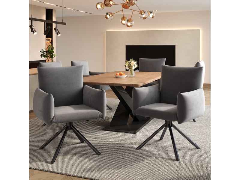  Lot de 6 chaises 60x60x88 cm, pivotantes 360°, velours gris, assises rembourrées, appui lombaire, pieds métalliques  - Conforama B