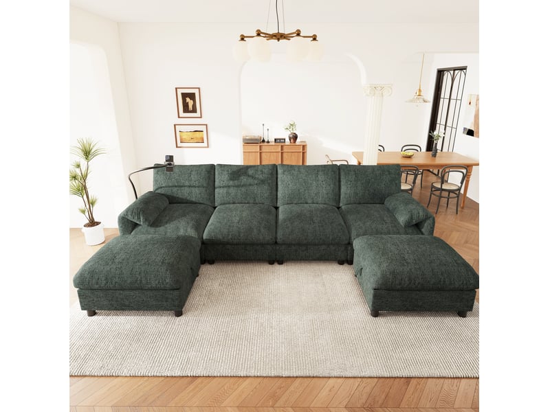  Canapé d'angle modulable 6 places avec 2 poufs de rangement en chenille verte  - Conforama D