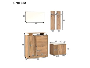 Vestiaire naturel 140×35×133 cm en panneau de particules, banc de rangement, banc à chaussures, miroir intégré