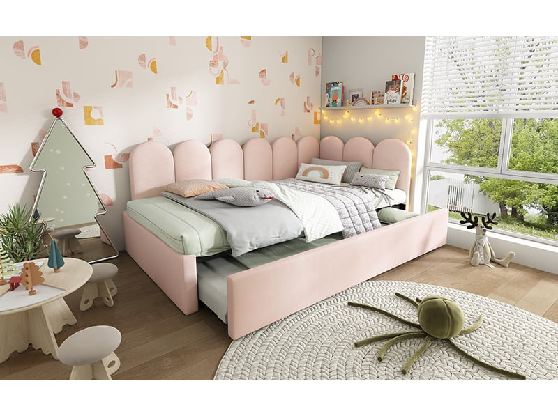  Lit banquette gigogne 90x200 cm avec tiroir lit secondaire - style contemporain - velours rose - sans matelas  - Conforama D