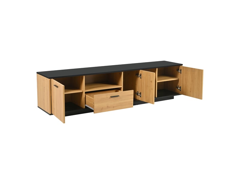  Meuble tv noir et effet bois naturel, 3 portes, 1 tiroir, 2 niches vitrées, led 16 couleurs  - Conforama D