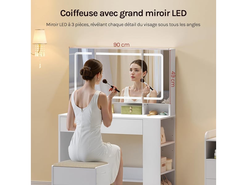 Coiffeuse avec grand miroir led à luminosité réglable, meuble chambre avec tiroir, blanc, 90x40 cm  - Conforama R