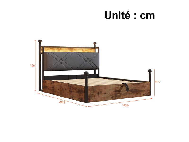  Lit coffre 140x190 cm - lit double coffre avec led intégrée et espace de rangement hydraulique, ports usbtype-c, métal noir, sans matelas  - Conforama C