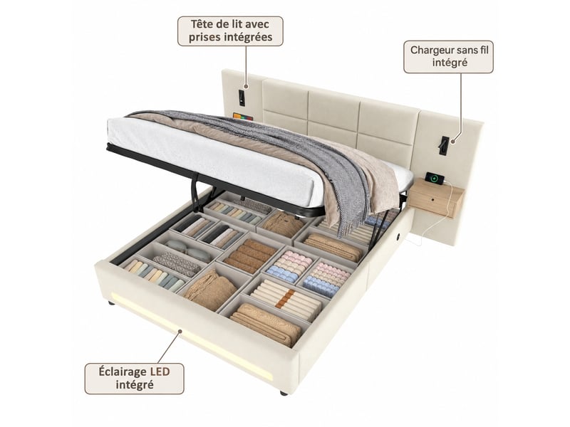  Lit coffre 180 x 200 cm en velours avec tête de lit rembourrée, rangement hydraulique, éclairage led et ports usb-c, beige  - Conforama A