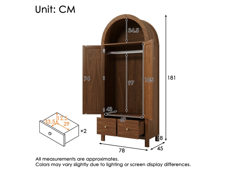  Armoire penderie 181x78x45 cm avec 2 portes en rotin, armoire de chambre avec fermeture magnétique, 2 tiroirs, tringle et niche arrondie, effet noyer Seren Glow - Conforama C