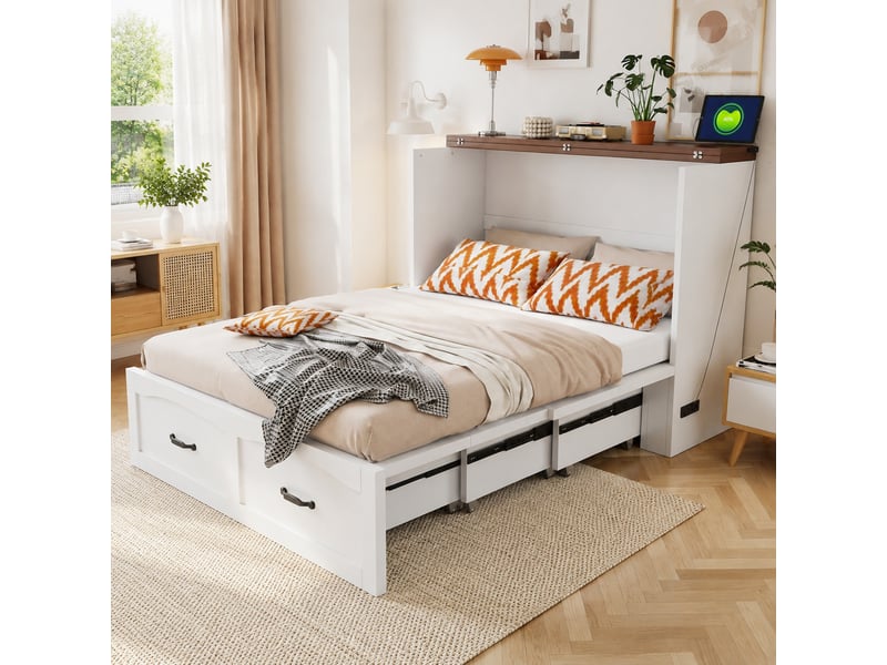  Lit escamotable 140 x 200 cm blanc avec prise standard européenne et roulettes silencieuses  - Conforama C