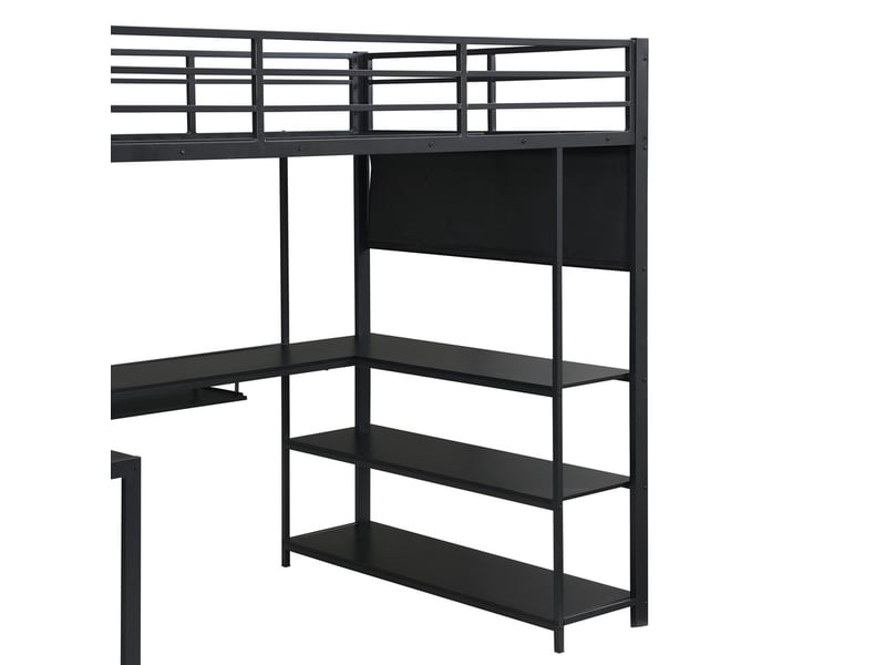 Lit mezzanine,120 x 200 cm,avec escalier, bureau en u, clavier coulissant, prise ue, étagères et led, noir - Conforama E