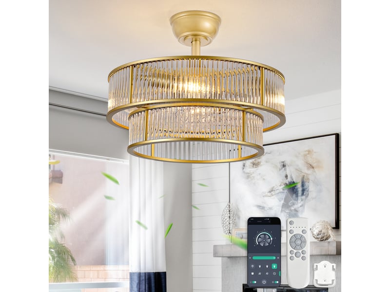 Ventilateur de plafond avec lumière cristal, commande via application et télécommande, 6 vitesses, moteur silencieux, doré, 50 x 50 x 39 cm - Conforama B