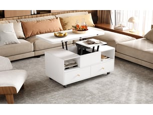 Table basse relevable 100 x 50 x 47,5 cm hauteur 47,5-62 cm hydraulique 4 tiroirs rabattable roulettes mdf blanc