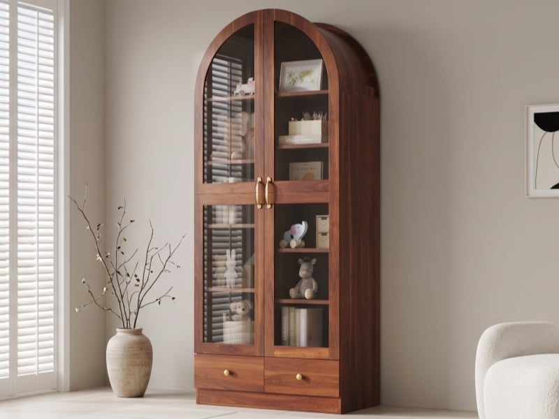  Vitrine multifonctionnelle, bibliothèque arquée, partie supérieure arquée, poignées noires, noyer, 76 × 40 × 180 cm  - Conforama B