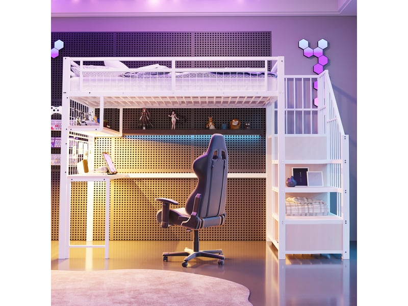 Lit mezzanine 90×200 cm, lit simple avec escalier de rangement, bureau, étagères et prises, sans matelas, blanc - Conforama D