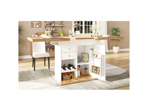 Table à manger 110-140 × 80 cm, table de cuisine pour 4 à 6 personnes, avec étagère à en-cas et casier à vin, blanc