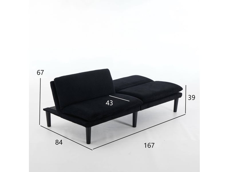  Canapé convertible 2 places 168x86 cm noir en velours côtelé, dossier réglable à trois positions sans accoudoirs  - Conforama C
