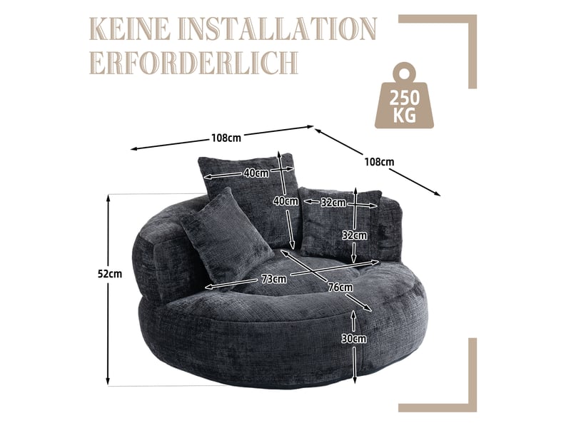  Fauteuil poire lounge chenille noir avec coussins confort intérieur extérieur  - Conforama C