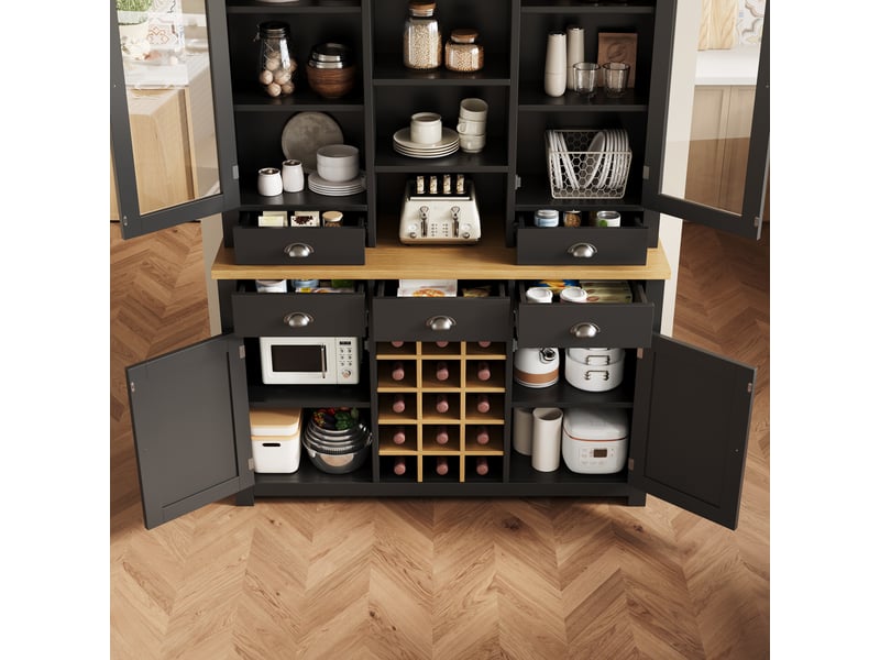 Armoire haute multifonctionnelle noire 120×40×185 cm - porte vitrée, 5 tiroirs, casier à vin amovible, fermeture amortie, anti-basculement - Conforama C