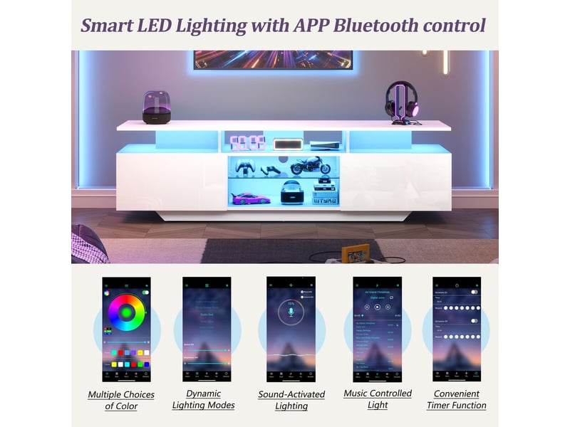  Meuble tv 160x40x50, avec 2 portes, rangement et éclairage led brillant meuble tv avec rangement  - Conforama D