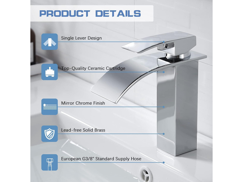  Robinet de salle de bain cascade moderne, élégant mitigeur laiton chromé, eau chaude et froide, connexion g 38  - Conforama B