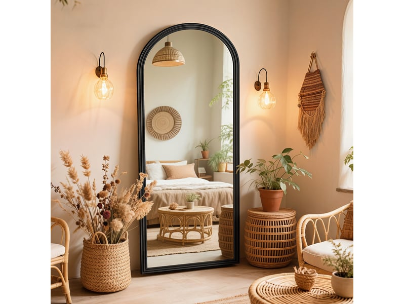  Miroir en pied 160 x 50 cm – noir – cadre en bois, forme arrondie et pied métal inclinable pour maison et commerce  - Conforama B