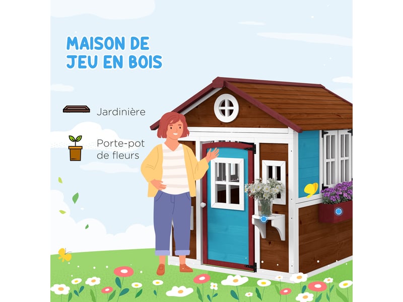  Cabane enfant extérieur maison enfant extérieure avec porte fenêtres et jardinières marron 114 x 126,4 x 135 cm  - Conforama A