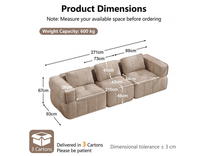  Canapé 3 places, revêtement en tissu, sans assemblage, tons naturels  - Conforama D