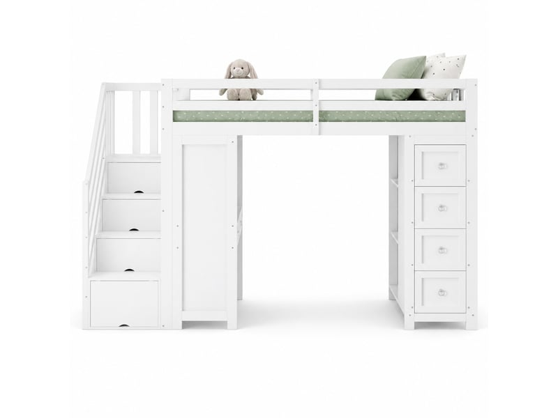  Lit enfant mezzanine rangement bureau 90x200 bois avec tiroirs et etageres homvra  - Conforama A
