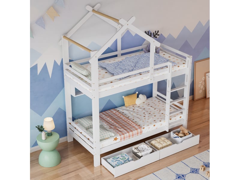 Lit superposé enfant 90x200 cm avec tiroirs et échelle, coloris blanc - Conforama E