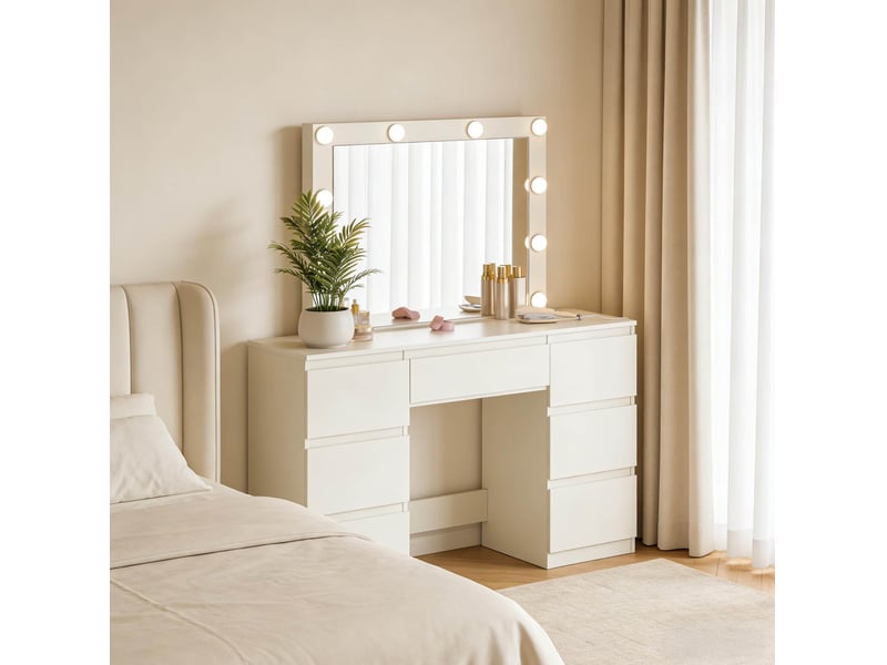  Coiffeuse 110x39,5x140,5 cm avec miroir et prises intégrées bois blanc  - Conforama E