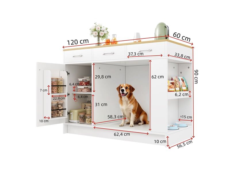  Îlot de cuisine 120x60x90 cm blanc en mdf avec 3 tiroirs et espace animaux  - Conforama C
