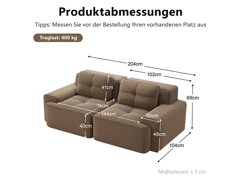 Canapé modulable 2 places sans structure,204x104x69cm,canapé à compression en velours côtelé,assise profonde et rembourrage haute densité 32d - marron - Conforama C
