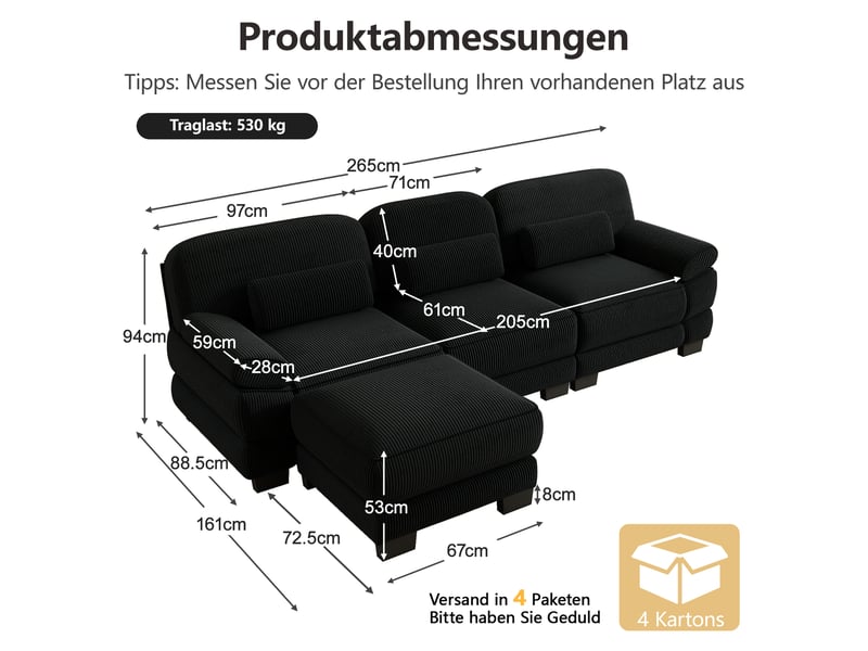  Canapé d'angle modulable - 3 places - forme l - 1 ottoman - coussins lombaires - velours côtelé - mobilier de salon - noir CozyNest - Conforama D
