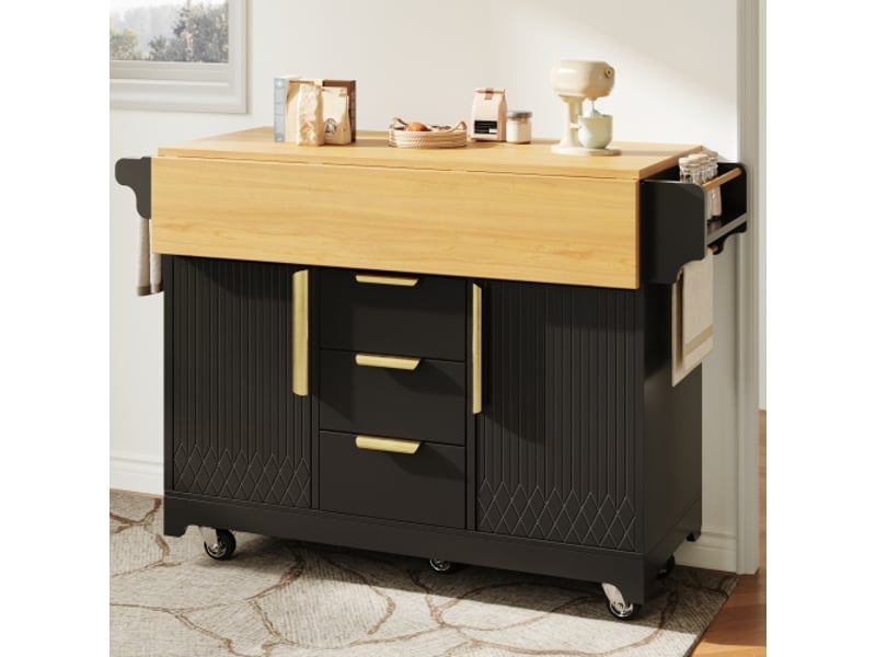 Îlot de cuisine multifonction: extension escamotable, portes à motif vertical, plateau coulissant et buffet sur roulettes - Conforama D