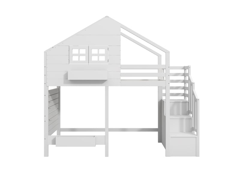 Lit superposé enfant 90x200, garde-corps haut lit superposé, structure bois massif, escalier rangement intégré, design cabane fenêtre - Conforama B