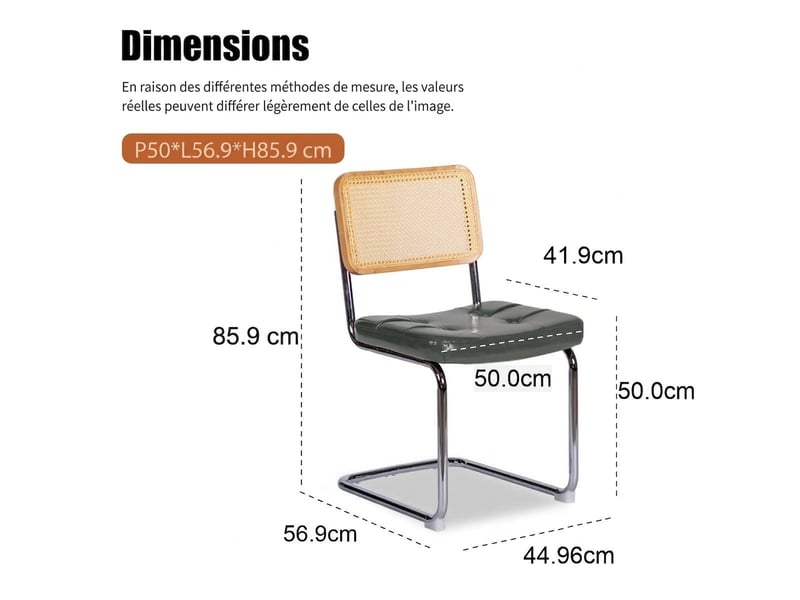  Lot de 4 chaises de salle à manger, chaises luge vertes avec dossier en rotin et structure en acier chromé, style moderne.  - Conforama R