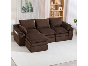 Canapé modulaire 3 places avec hocker, coussins et 2 poches latérales, en corduroy, marron