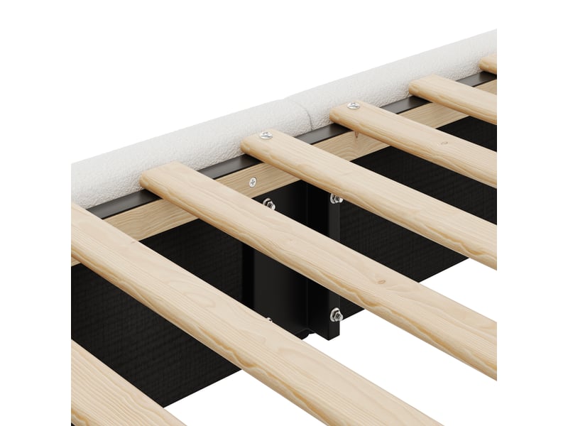  Lit double 180x200 cm rembourré avec tête de lit, structure effet bois et revêtement doux - blanc et bois naturel  - Conforama E
