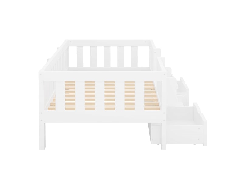  Lit enfant 90x200 cm avec 2 tiroirs, garde-corps, bibliothèque et escalier à 2 marches blanc Fay Lum - Conforama E