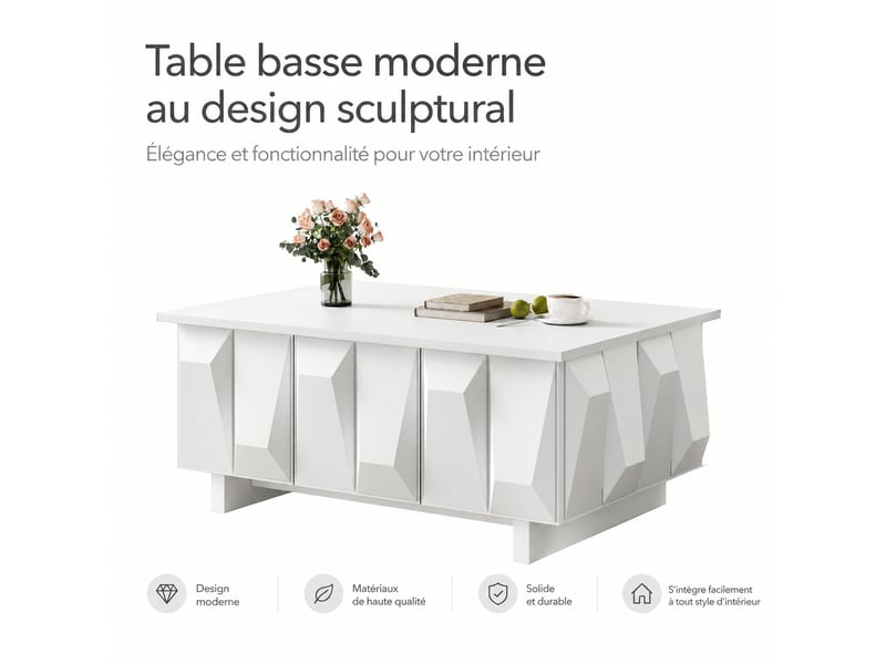  Table basse blanche avec rangement fermé et façades 3d, 95 x 67 x 39,5 cm  - Conforama A