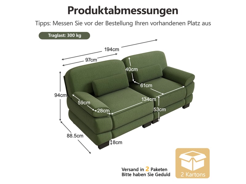  Canapé 2 places en velours côtelé vert, design modulaire, assise profonde, coussin lombaire inclus, 194×88,5×94 cm  - Conforama C