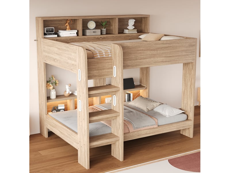  Lit superposé 90x200 cm avec rangements, éclairage et prises, mdf, couleur bois naturel, sans matelas  - Conforama E