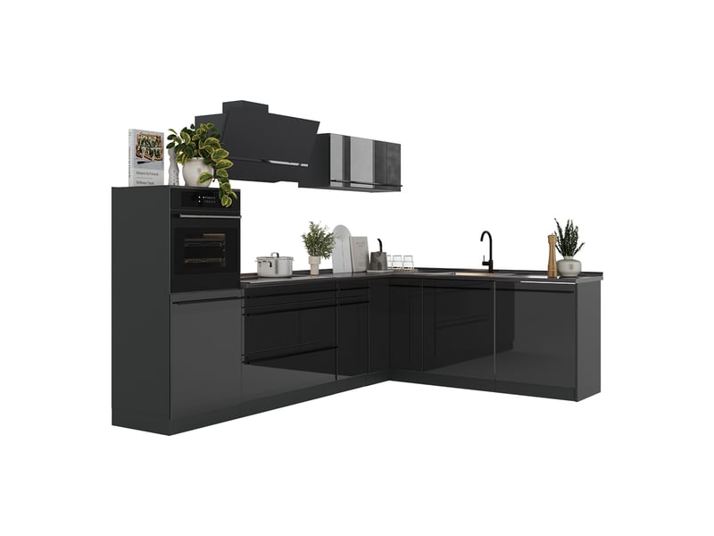  Vicco cuisine en angle, anthracite haute brillanceanthracite, 287 x cm plan de travail chêne doré  - Conforama E