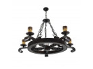 Suspension rustique ABRILA Rueda 5 lumières E27 marron rustique, métal résine et polycarbonate, hauteur réglable 40-65 cm