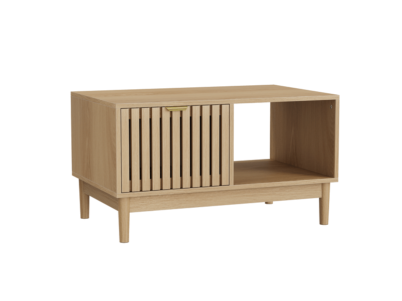  Table basse avec rangement 80 cm style mid-century - lpospi - 1 tiroir, étagères ouvertes, pieds en bois, mdf chêne  - Conforama A