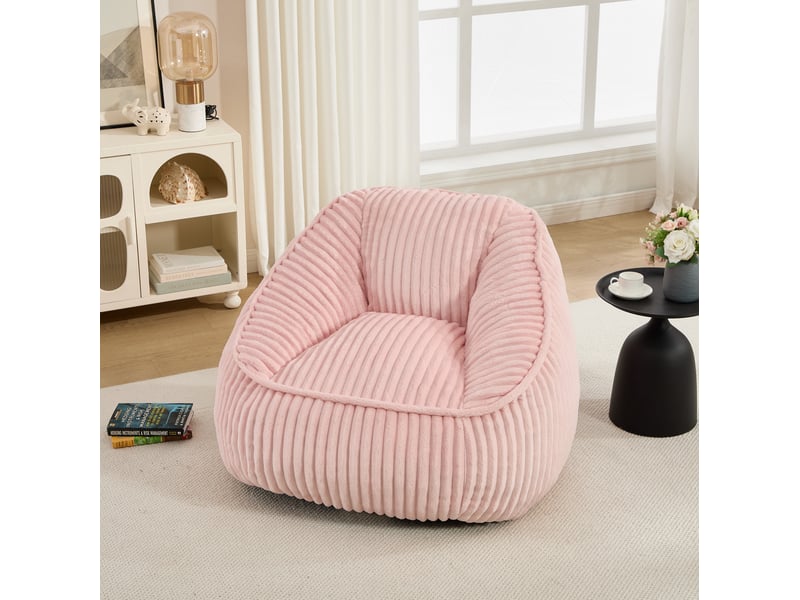  Fauteuil pouf à dossier haut garni de mousse à mémoire de forme, léger et enveloppant, en velours côtelé rose  - Conforama C