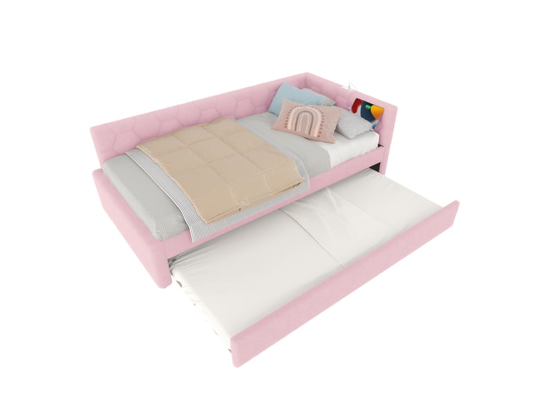  Lit banquette tissu bouclette 90x200 rose avec lit gigogne, lampe de chevet et ports usbtype-c  - Conforama A