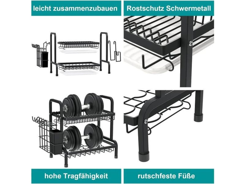  Egouttoir vaisselle 2 niveaux inox 304 noir avec bac et porte couverts  - Conforama C