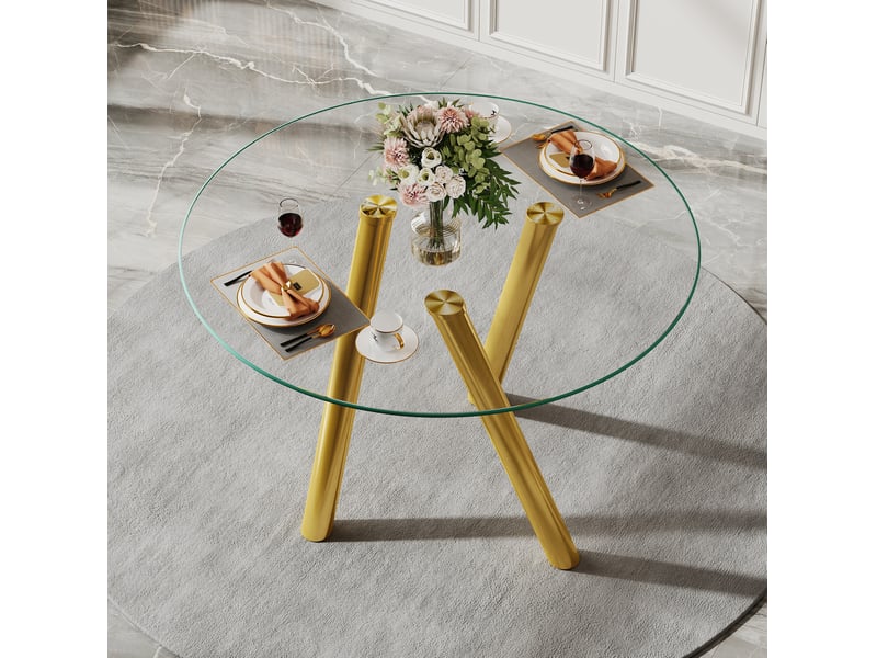  Table à manger ronde 89.0x89.0x76.0 cm en verre trempé et métal doré  - Conforama C