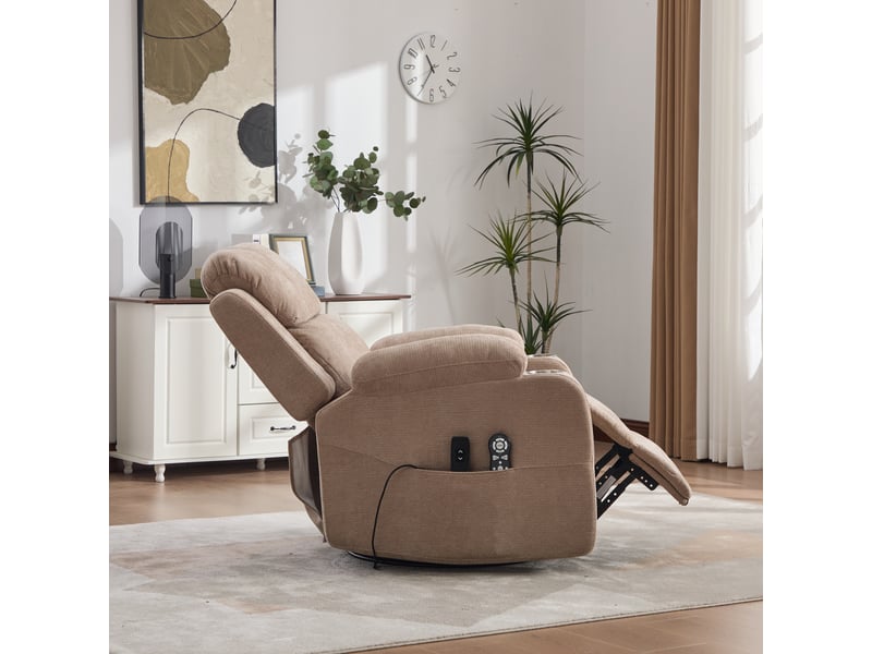  Fauteuil relax électrique pivotant 91x96x103cm- massage, chaleur et inclinaison électrique - porte-gobelets et poches - chenille - marron  - Conforama D