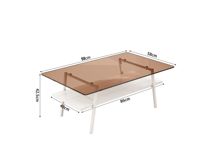  Table basse en verre trempé, table de salon rectangulaire, table basse 98x58 cm, pieds en métal blanc, design moderne blanc et marron  - Conforama C
