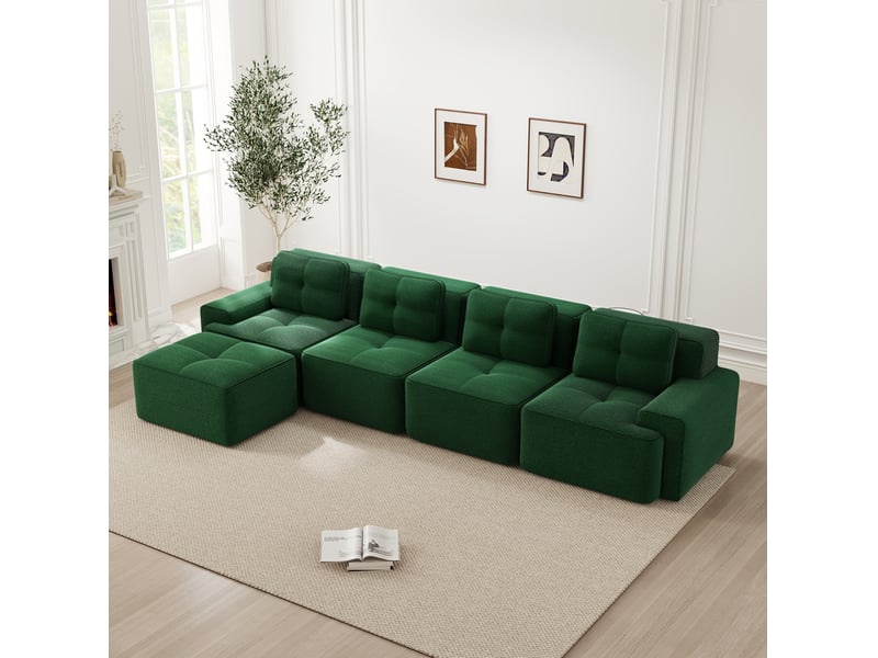 Canapé modulable 4 places en velours côtelé vert avec méridienne en l  - Conforama D